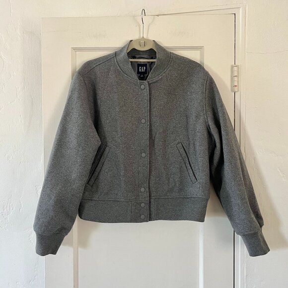 NWOT GAP Women's Wool Bomber Jacket Charcoal Grey Varsity Jacket Medium - Picture 1 of 16